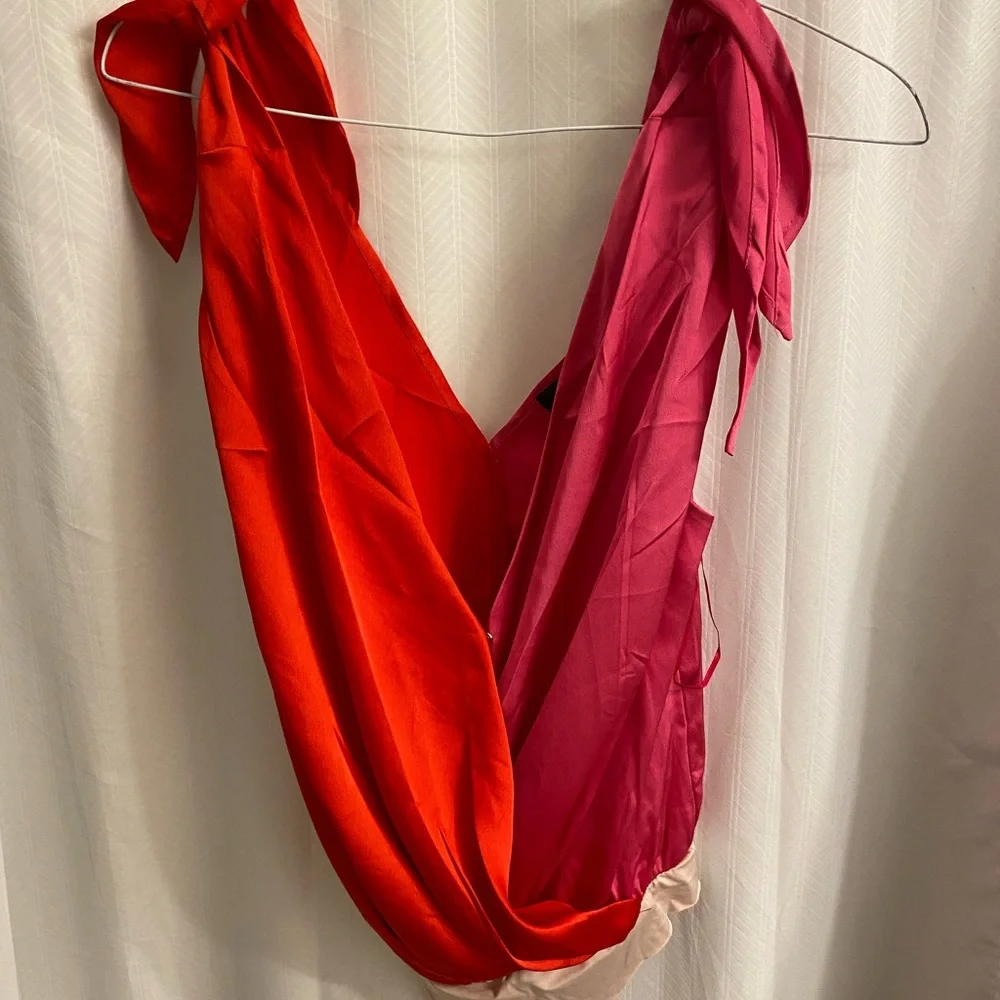 DRAPE TIE BODYSUIT - RED & FUCHSIA - Picture 1 of 6